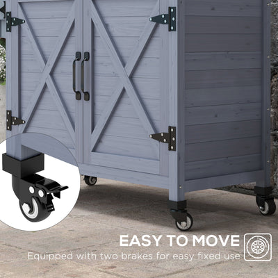 Outdoor Wooden Potting Bench with Storage Cabinet, Aluminum Tabletop, Rubber Wheels for Backyard, Patio, Balcony