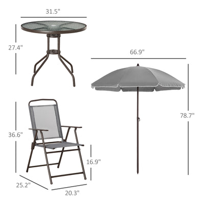 6 Piece Patio Dining Set for 4 with Umbrella, with 4 Folding Dining Chairs & Round Glass Table for Garden, Gray