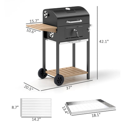 Charcoal BBQ Grill, Outdoor Portable Cooker for Camping or Backyard Picnic, Barbecue Grill with Side Table, Bottom Storage Shelf, Wheels and Handle, Black
