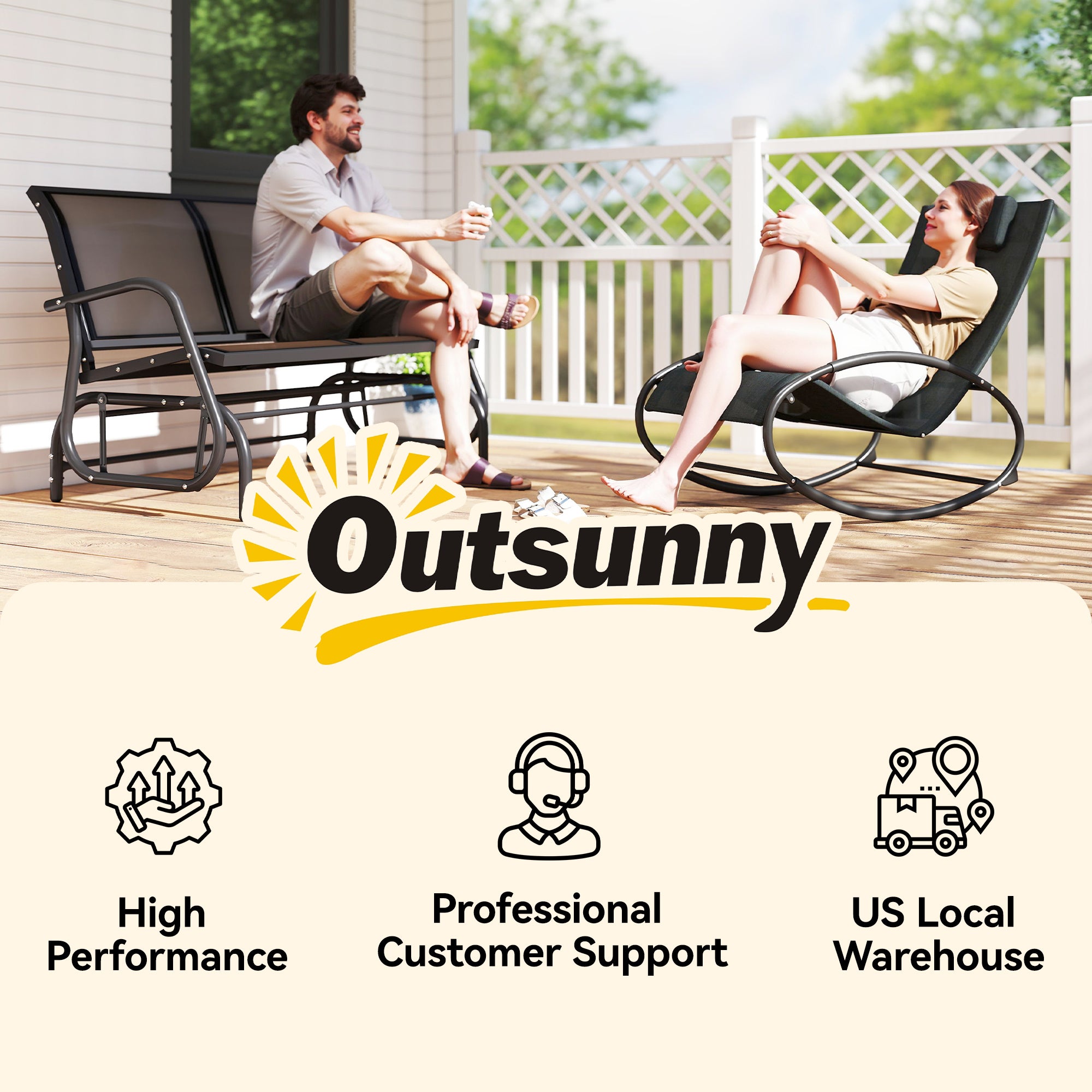 2-Person Outdoor Glider Bench, Patio Double Swing Rocking Chair Loveseat w/Powder Coated Steel Frame for Backyard Garden Porch, Black