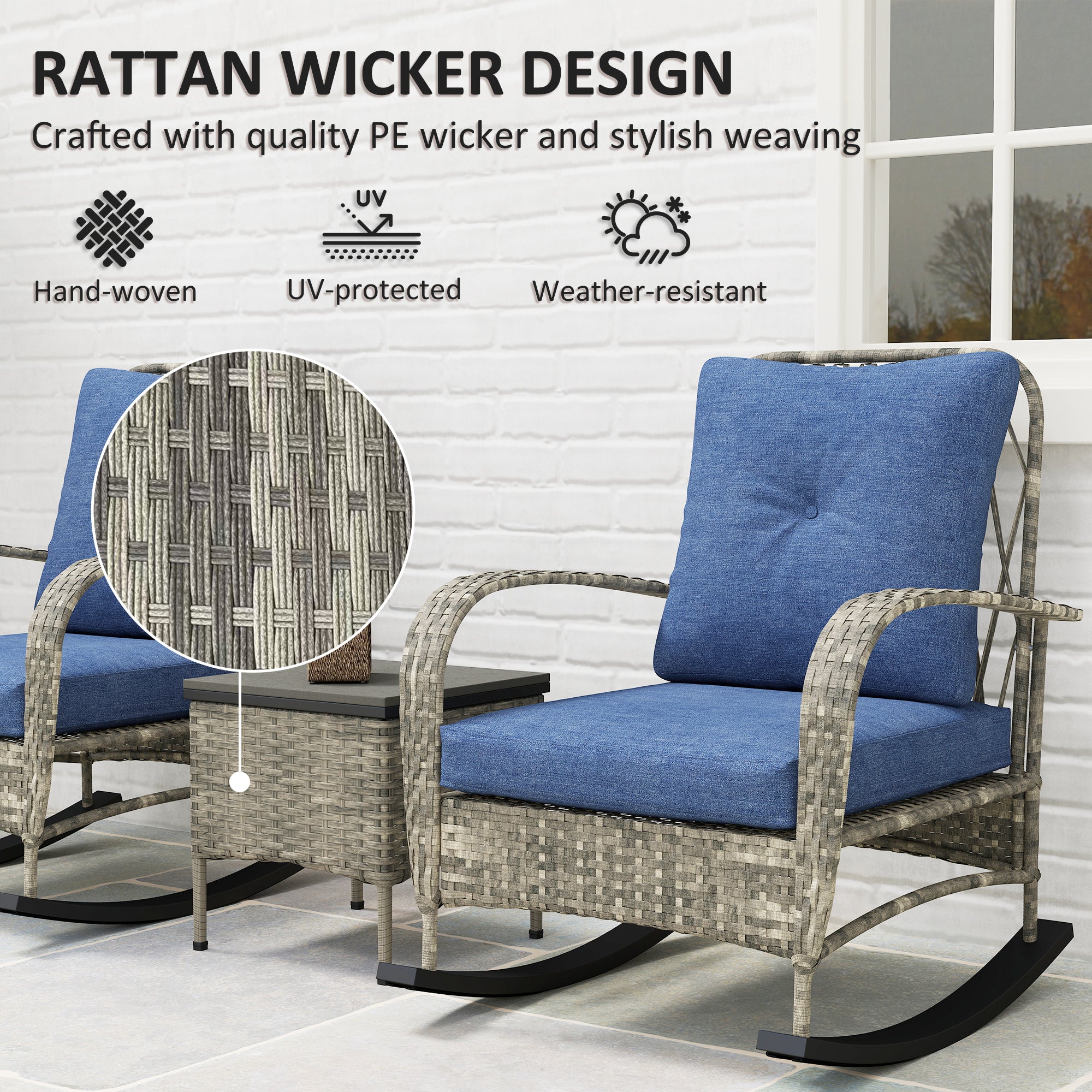 3 Piece Wicker Patio Furniture Set, Outdoor PE Rattan Rocking Chairs with Coffee Table, Cushions for Porch