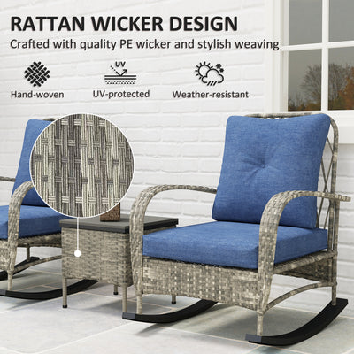3 Piece Wicker Patio Furniture Set, Outdoor PE Rattan Rocking Chairs with Coffee Table, Cushions for Porch