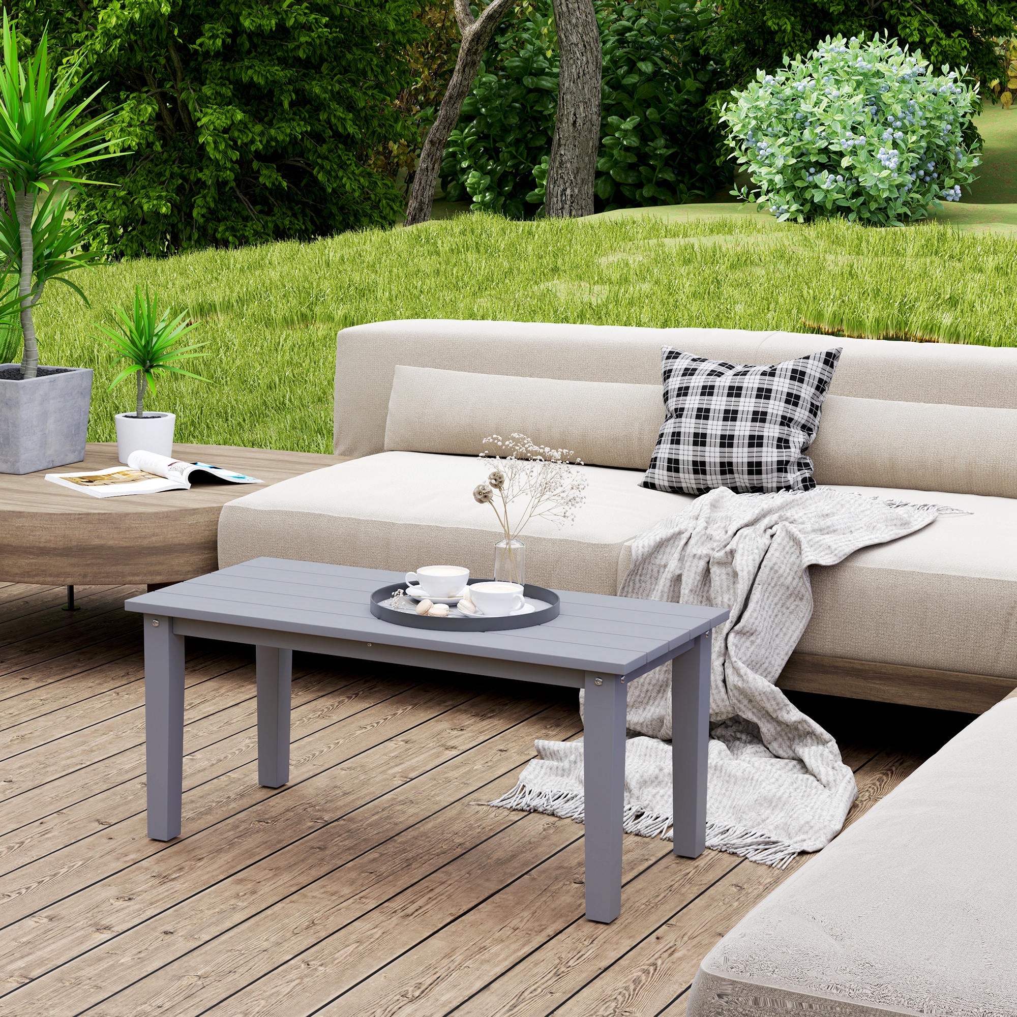 Rectangle Outdoor Coffee Table, HDPE All-Weather Outdoor Patio Table with Slatted Tabletop for Yard, Balcony
