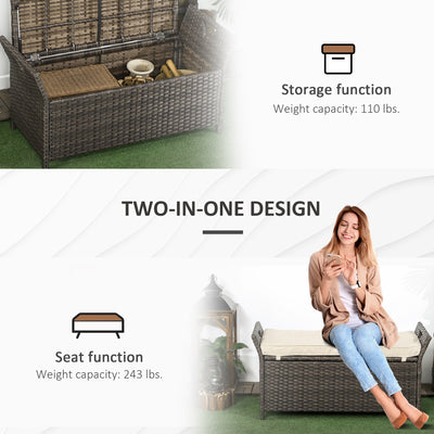 29 Gallon Patio Wicker Storage Bench, Outdoor PE Rattan Patio Furniture, 2-In-1 Large Capacity Rectangle Garden Storage Box with Handles and Cushion, Cream White