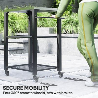 3-Shelf Outdoor Grill Cart with Stainless Steel Tabletop, Movable Pizza Oven Table with Hooks, Side Handle, Wheels