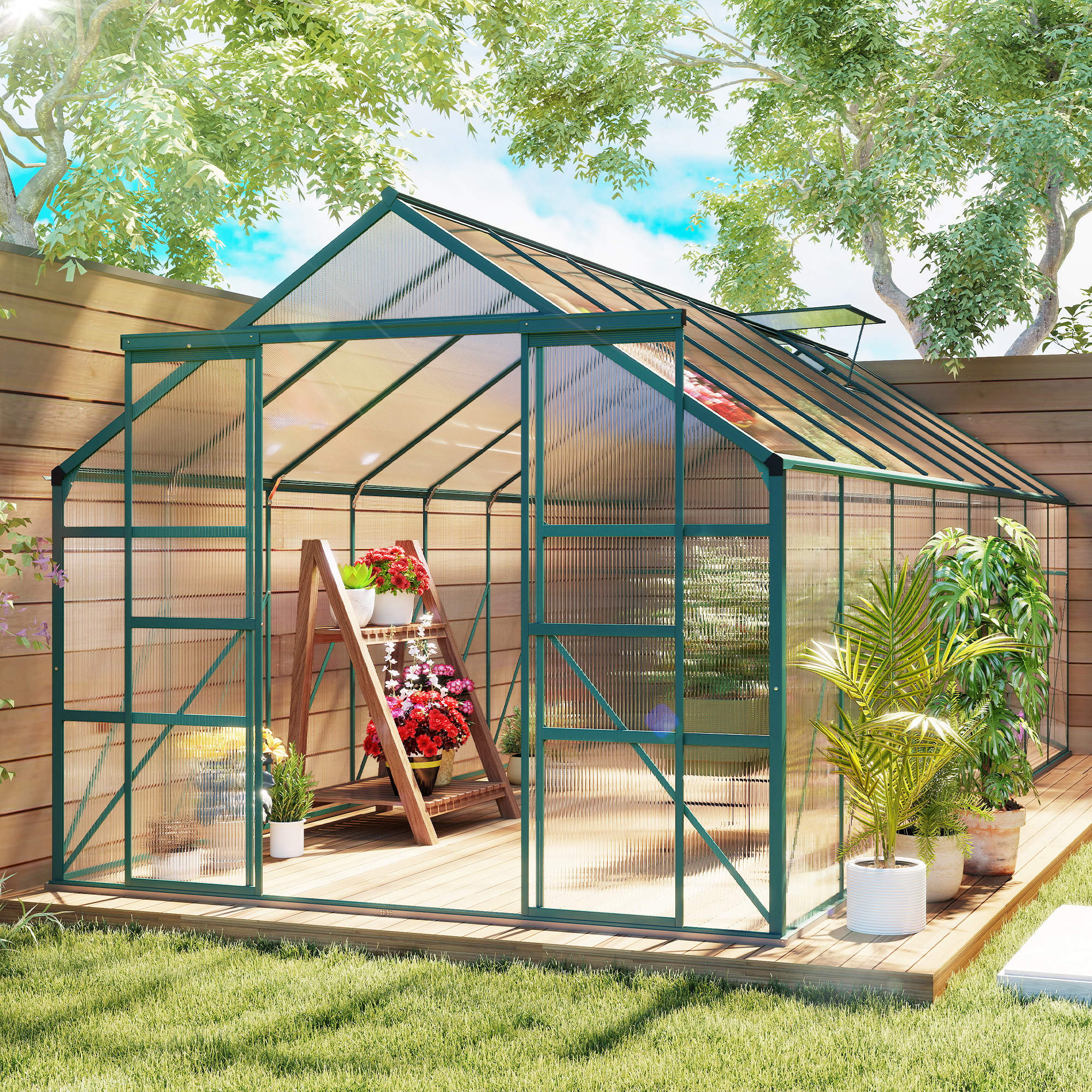 16' x 8' Aluminum Greenhouse Polycarbonate Walk-in Garden Greenhouse Kit with Adjustable Roof Vent, Rain Gutter and Sliding Door for Winter, Clear