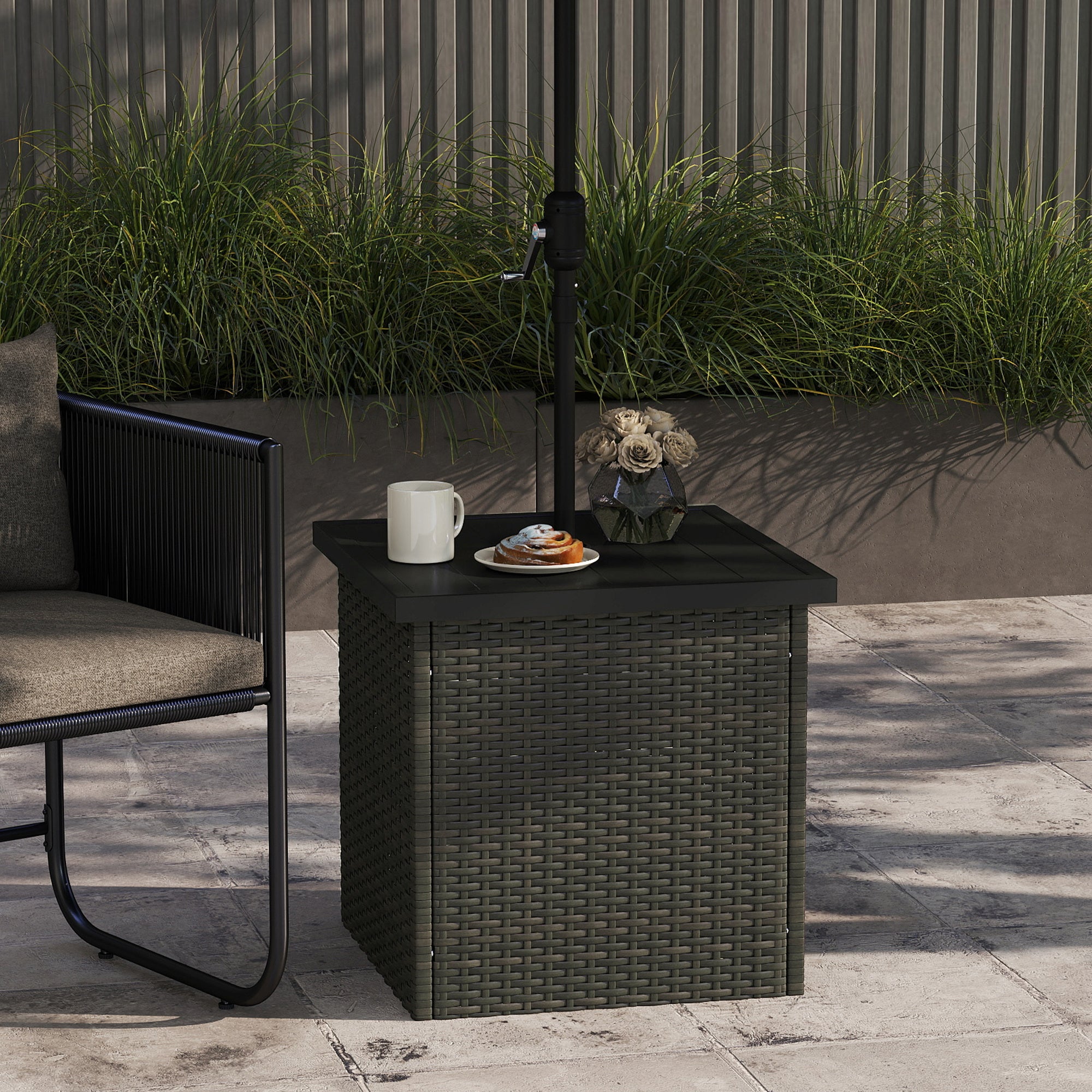 Wicker Side Table with 1.5" Umbrella Hole, Square Outdoor End Table with UV-Resistant Frame, Storage Space