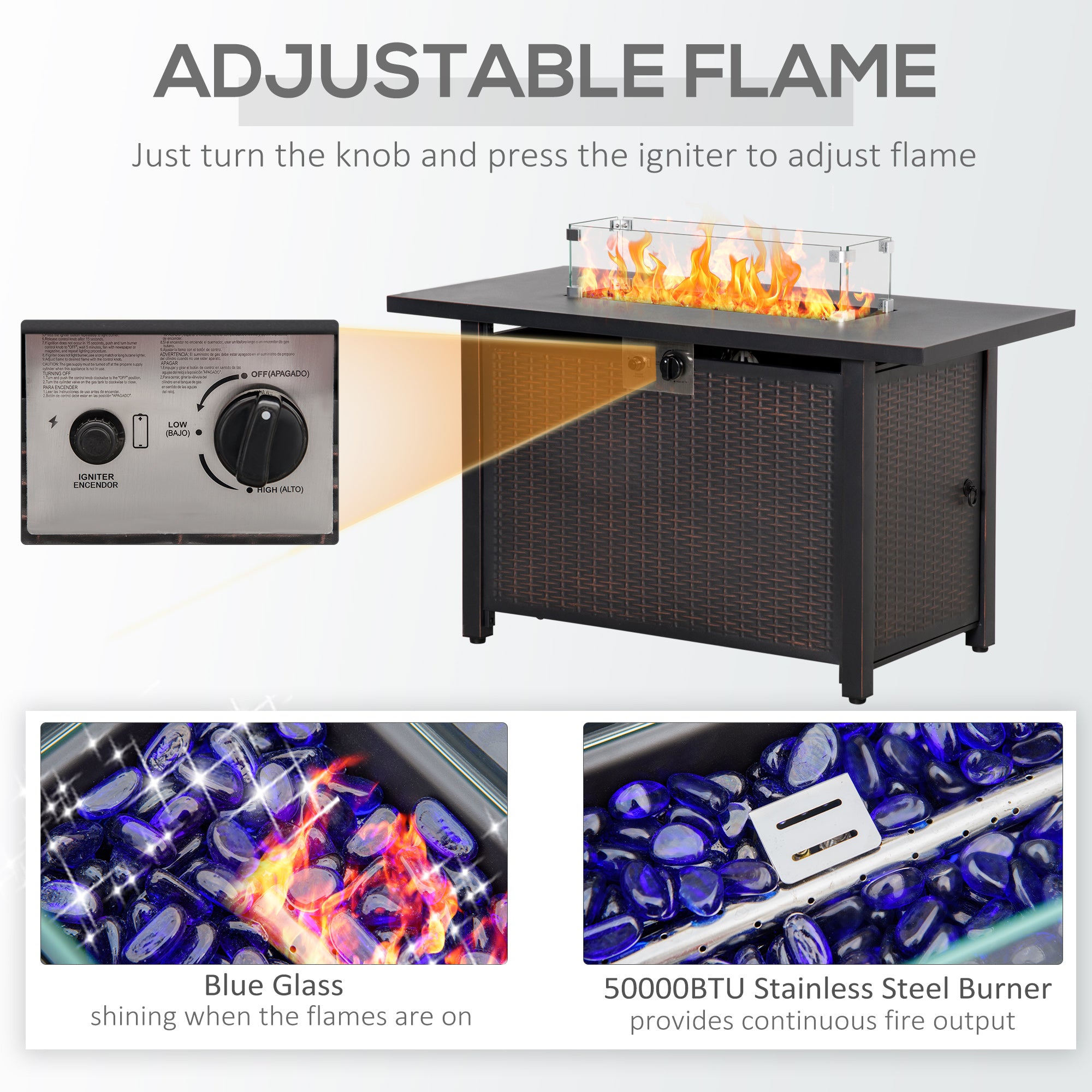43 Inch Outdoor Propane Gas Fire Pit Table, 50,000 BTU Auto-Ignition Rectangular Wicker-effect Gas Firepit with Glass Wind Guard, Lid, Glass Beads, Steel Base, CSA Certification, Bronze