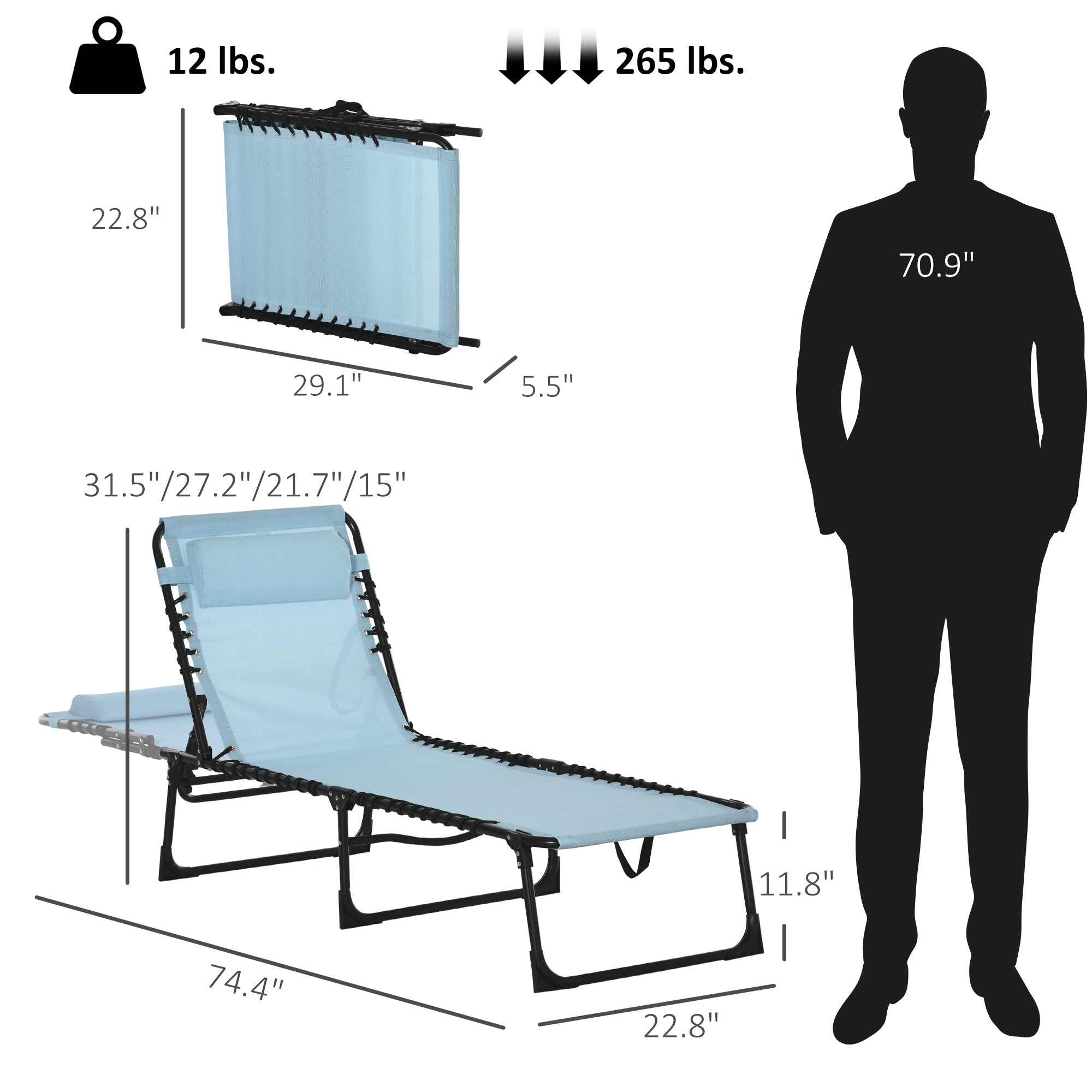 Foldable Chaise Lounge, 3-Position Reclining Back, Portable design and Breathable Mesh for Poolside, Camping, Hiking