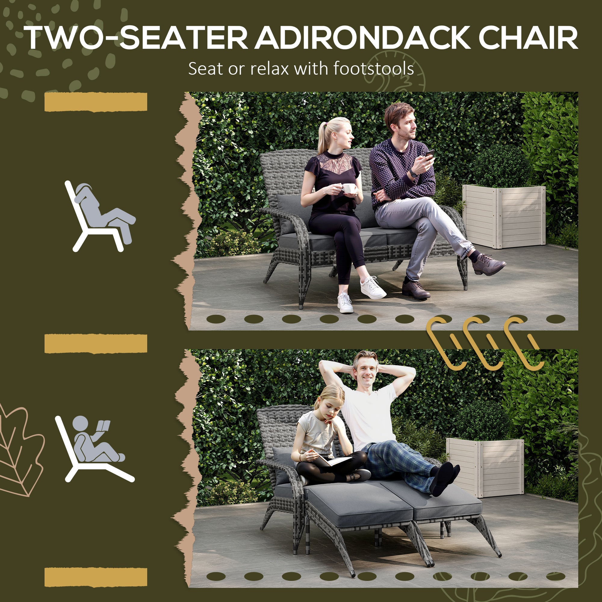 2 Person Patio Wicker Adirondack Chair, High-Back Fire Pit Chair with Cushions