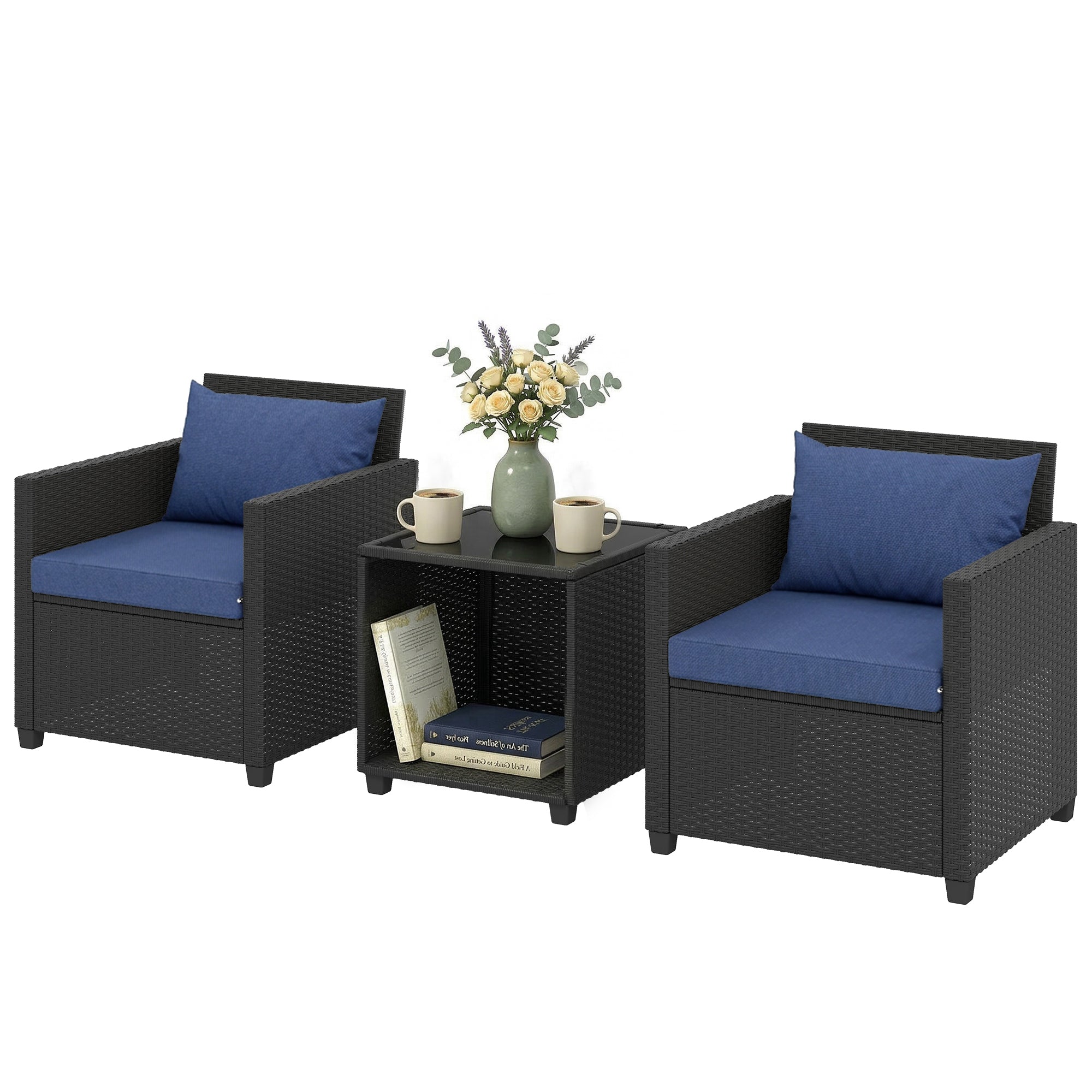 3 Piece Patio Bistro Set, Wicker Furniture Set with Thick Cushions, Glass Coffee Table and Chairs for Garden