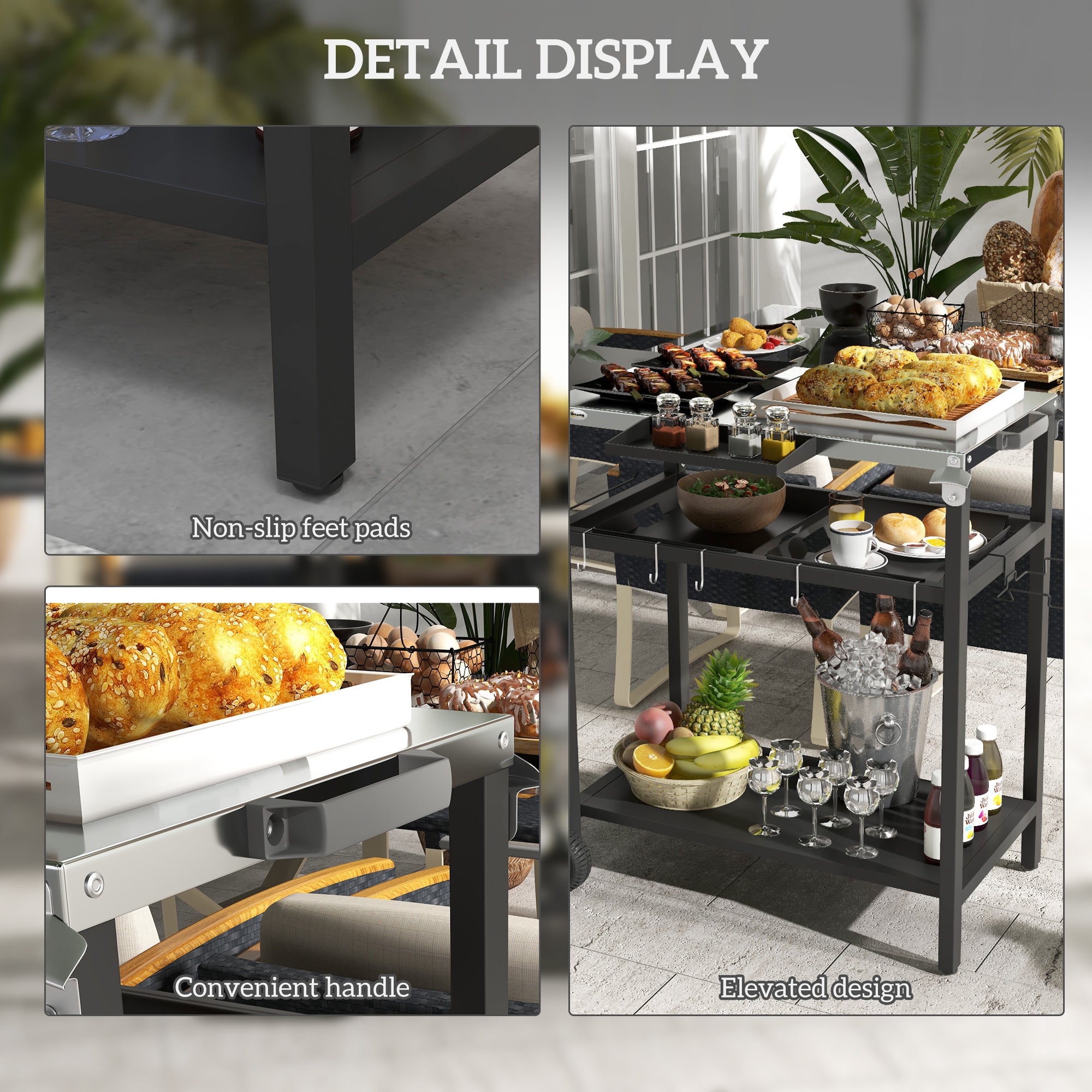 2-Tier Shelf Outdoor Bar Cart, Stainless Steel Tabletop Patio Serving Cart with Accessories for Poolside, Garden, Black