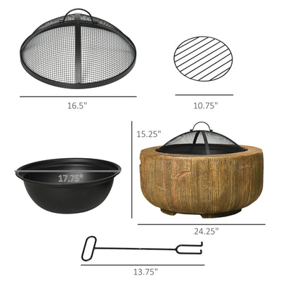 Outdoor Fire Pit, 24 Inch Metal Wood Burning Fireplace with Spark Cover, Poker, Woodgrain Design, Light Brown