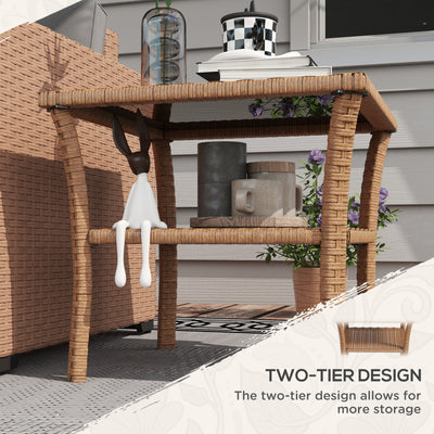Rattan Side Table, Outdoor End Table with Storage Shelf, Aluminum Frame Square, Coffee Table with Tempered Glass Top