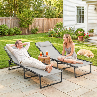 2 Folding Chaise Lounge Pool Chairs with 4-Position Reclining Back, Pillow, Breathable Mesh & Bungee Seat