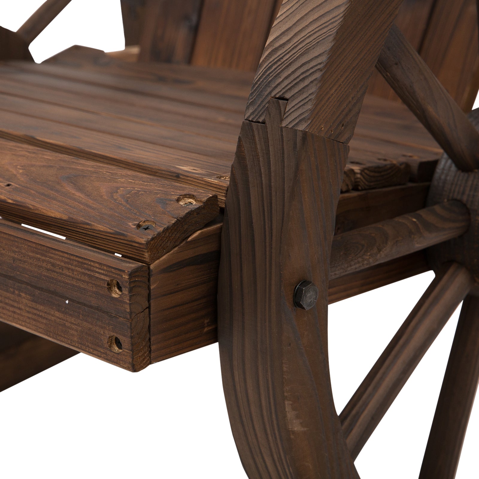 Wooden Rocking Chair, Adirondack Rocker Chair w/Slatted Design and Oversized Back, Outdoor Rocking Chair with Wagon Wheel Armrest for Porch, Poolside, and Garden, Carbonized