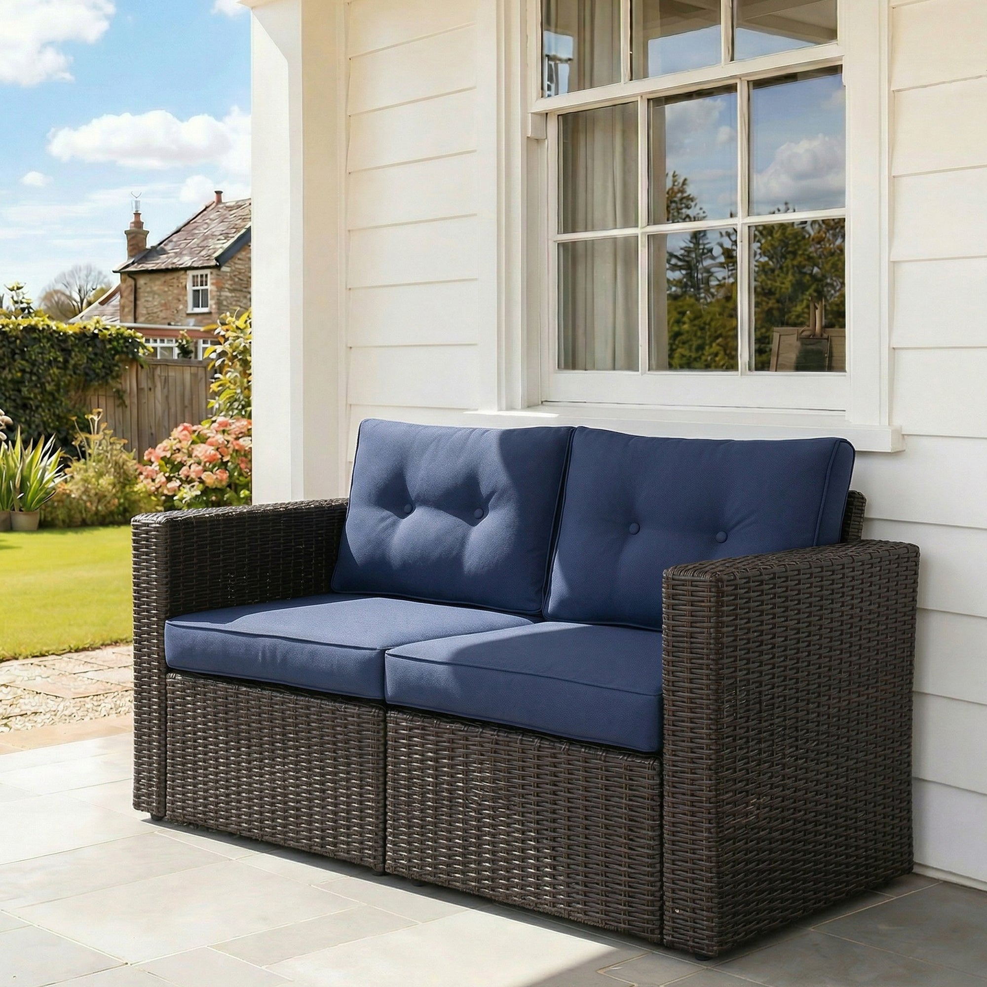 2 Piece Patio Wicker Corner Sofa Set, Outdoor PE Rattan Furniture, with Curved Armrests and Padded Cushions for Balcony, Garden, or Lawn