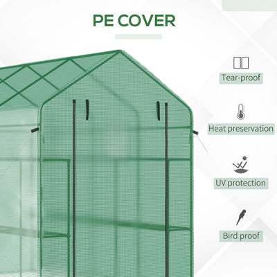 7' x 5' x 6' Walk-in Greenhouse for Outdoors with Mesh Door and Windows, 18 Shelf Hot House with Trellis, Plant Labels, UV Protective for Growing Flowers, Herbs, Vegetables, Saplings, Green