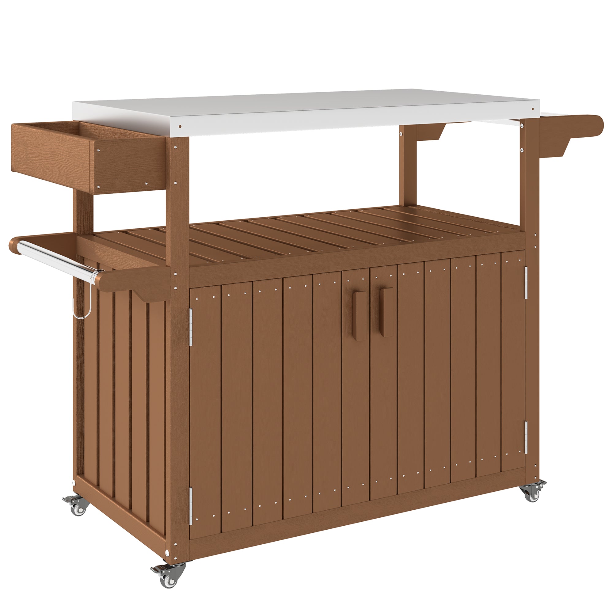Outdoor Bar Cart with Storage, Stainless Steel Outdoor Bar Table Top, Wheeled HDPE Kitchen Island for Food Prep