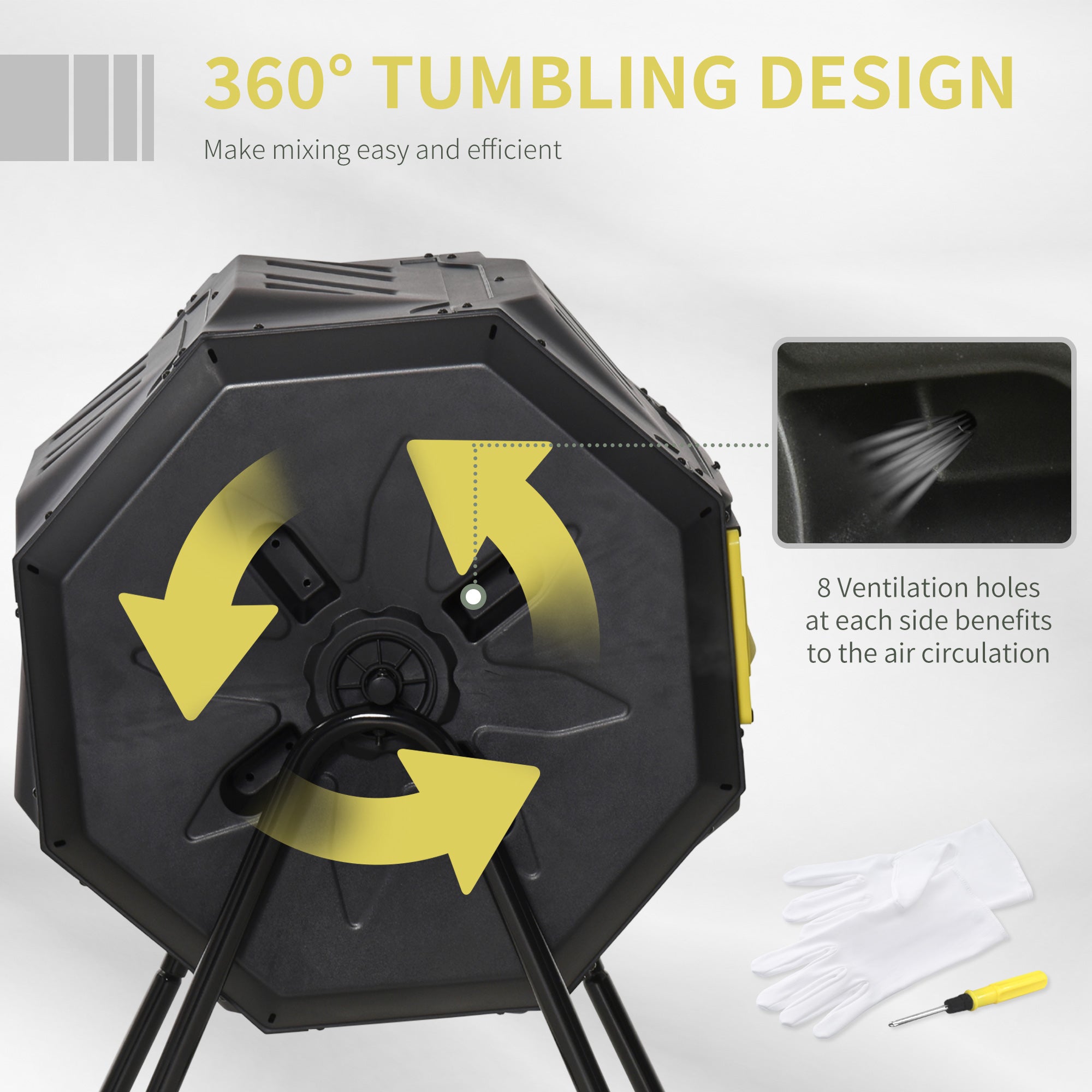 Tumbling Compost Bin Outdoor 360° Dual Chamber Rotating Composter 43 Gallon