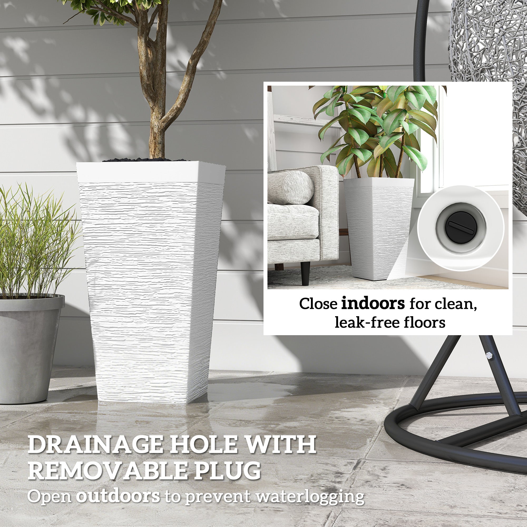 22.8 Inch Set of 3 Outdoor Planters with Stone Finish and Wheels, Stackable Tapered Planters with Drainage Hole