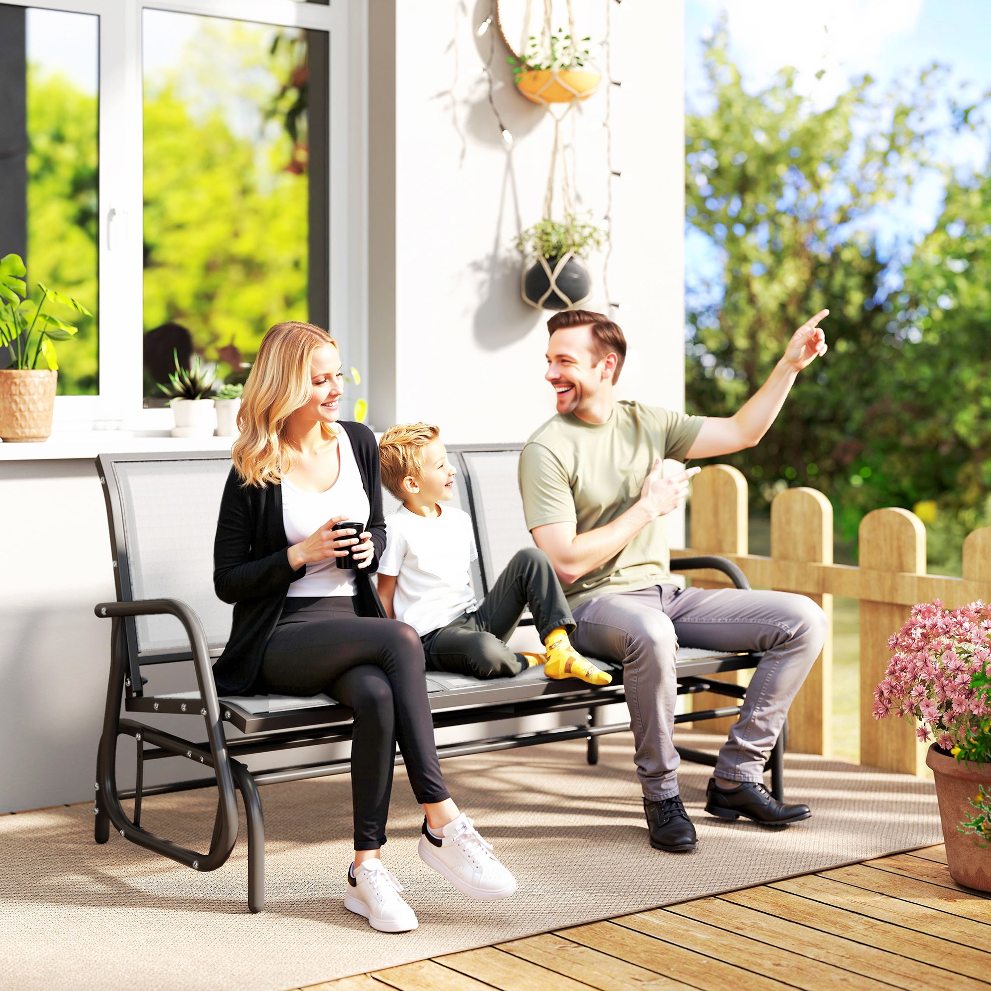 3-Person Outdoor Patio Glider Bench, Porch Glider Swing with 3 Seats, Breathable Mesh Fabric, Metal Frame