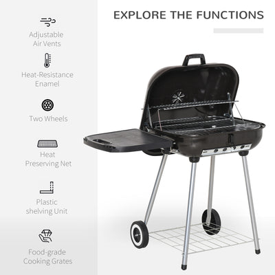 22" Charcoal Barbecue Grill with Portable Wheel, Side Tray and Lower Shelf for Outdoor BBQ for Garden, Backyard, Poolside