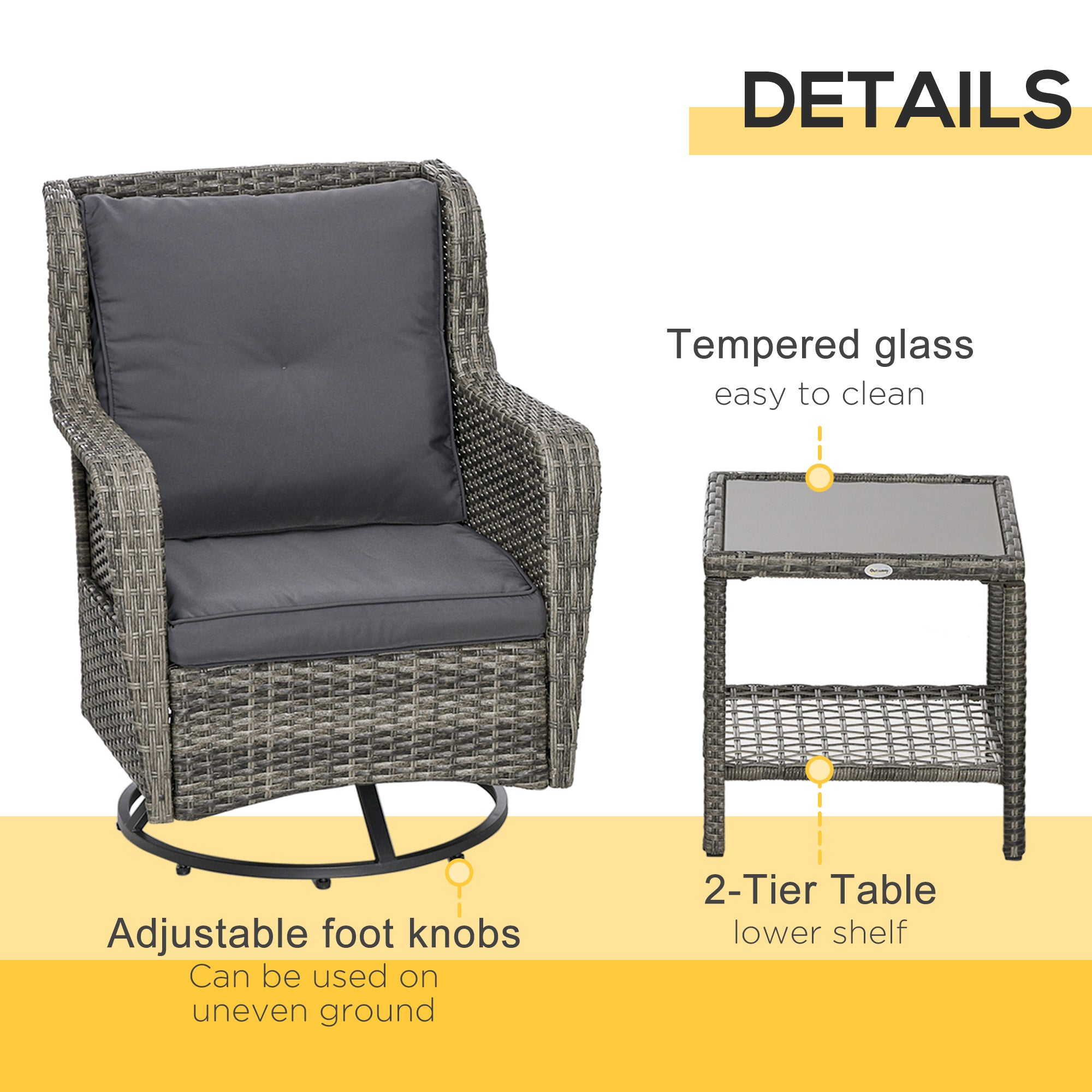 Patio Bistro Set, Porch Furniture with 360° Rotation & Rocking Function, 28.25"x30.75"x36.25"