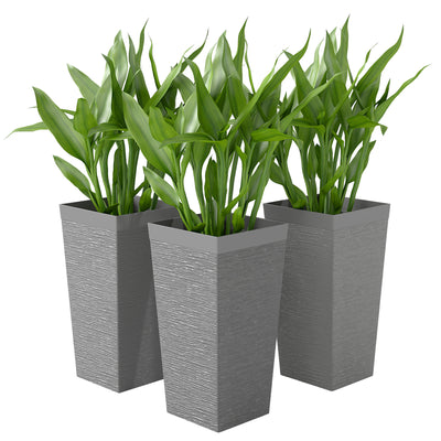 22.8 Inch Set of 3 Outdoor Planters with Stone Finish and Wheels, Stackable Tapered Planters with Drainage Hole