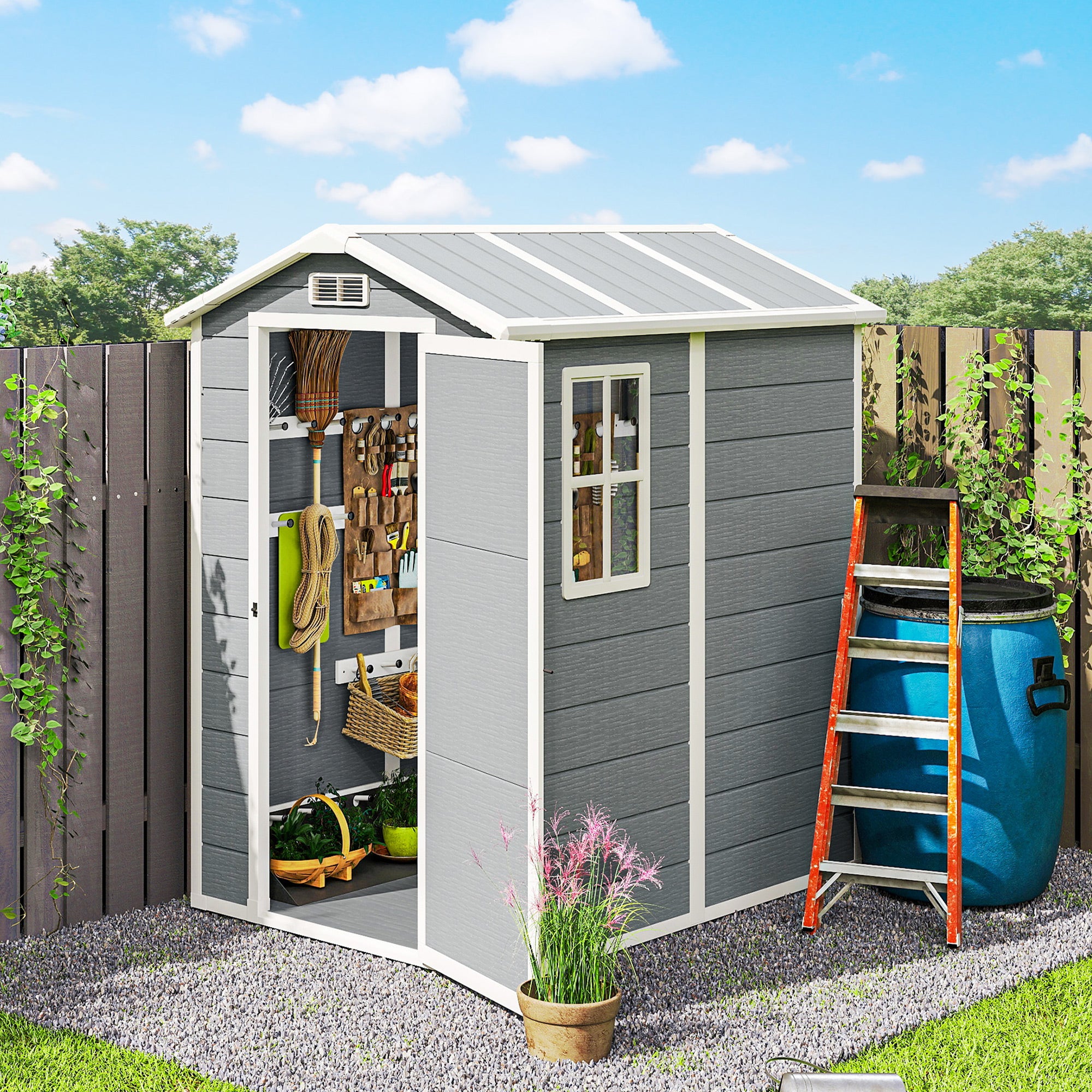 6' x 4' Outdoor Storage Shed, Plastic Shed with Floor, Window, Lockable Door and Vents for Outdoor Patio Storage, Gray