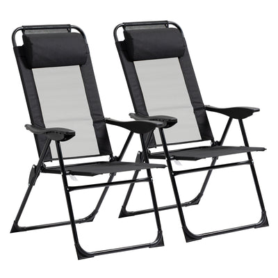 Folding Patio Dining Chairs Set of 2, Outdoor Deck Chair with Removable Headrest, Camping Chair with Adjustable Sling Back for Garden, Backyard, Lawn