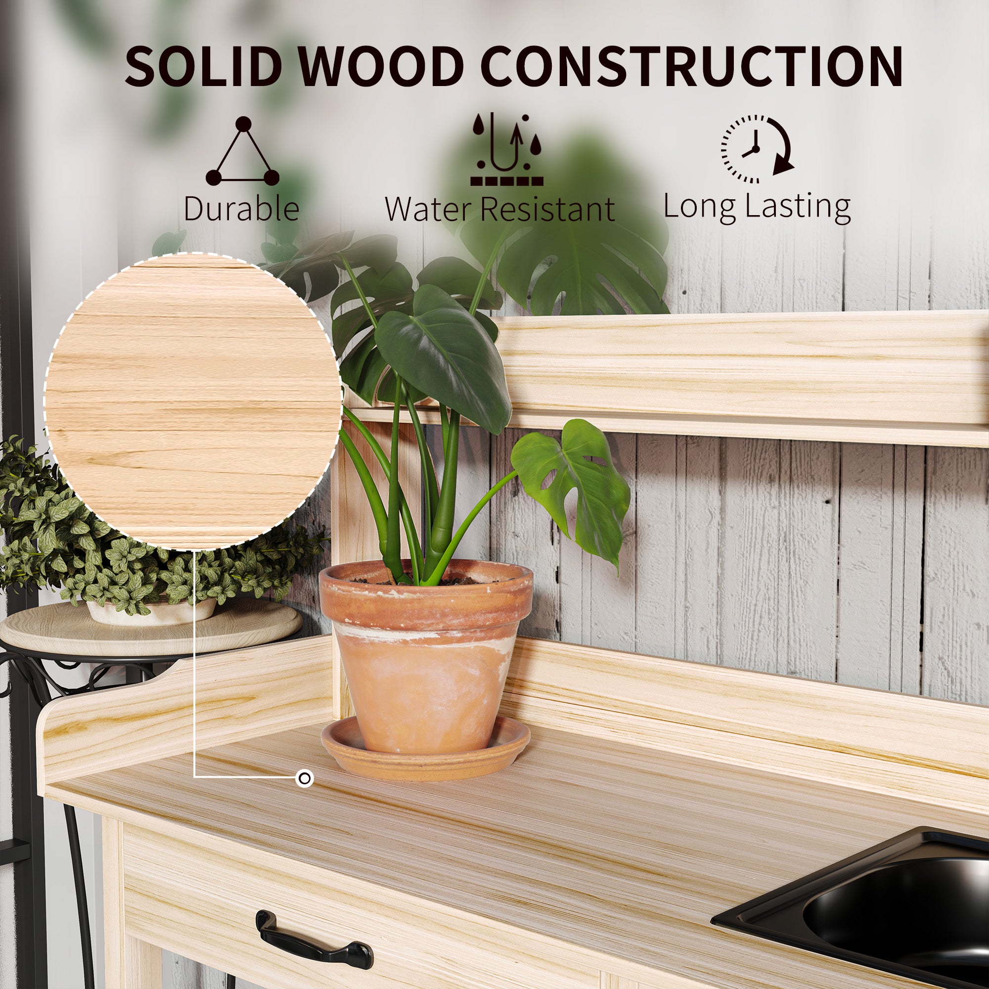 Potting Bench Table with Removable Sink, Outdoor Work Bench Table with Storage Cabinet, Hooks, Faucet and Drawer for Greenhouse, Garden, Patio