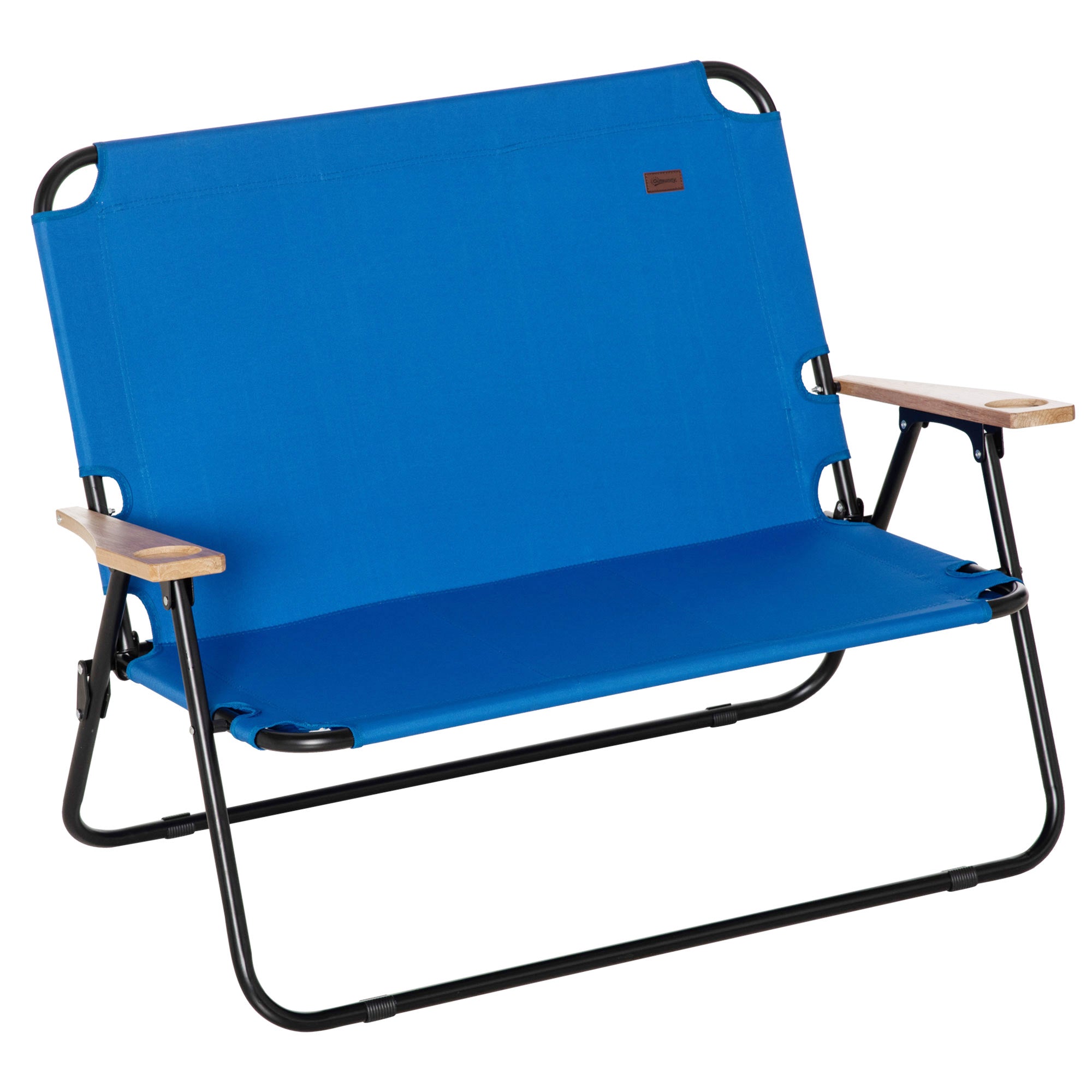 Double Folding Camping Chair, Loveseat for 2 Adults, Portable Camping Couch with Wood Armrest & Cupholders, for Backpacking, Beach, Sports Travel