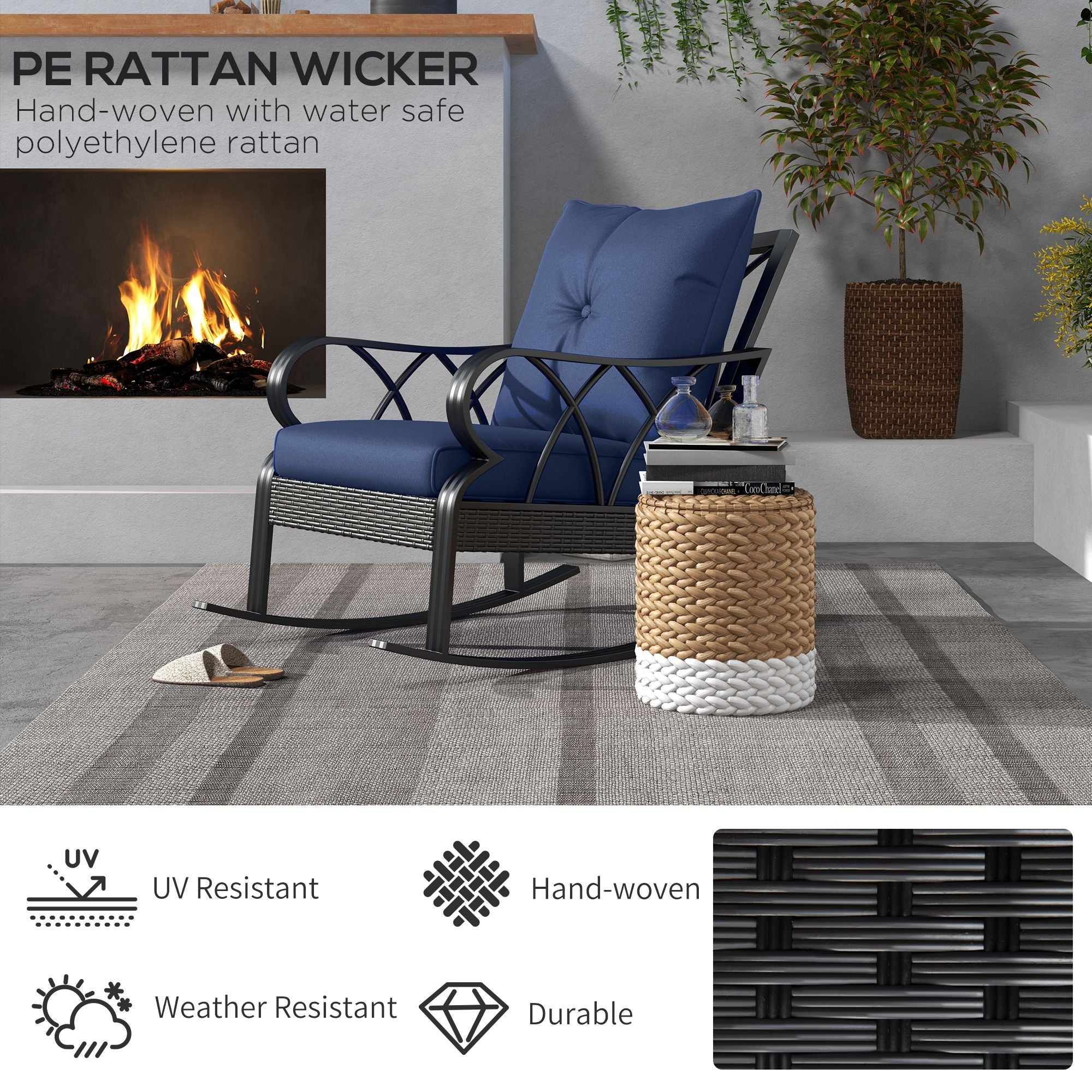 Outdoor Wicker Rocking Chair with Padded Cushions, Aluminum Furniture, Rattan Porch Rocker Chair w/ Armrest, Navy Blue