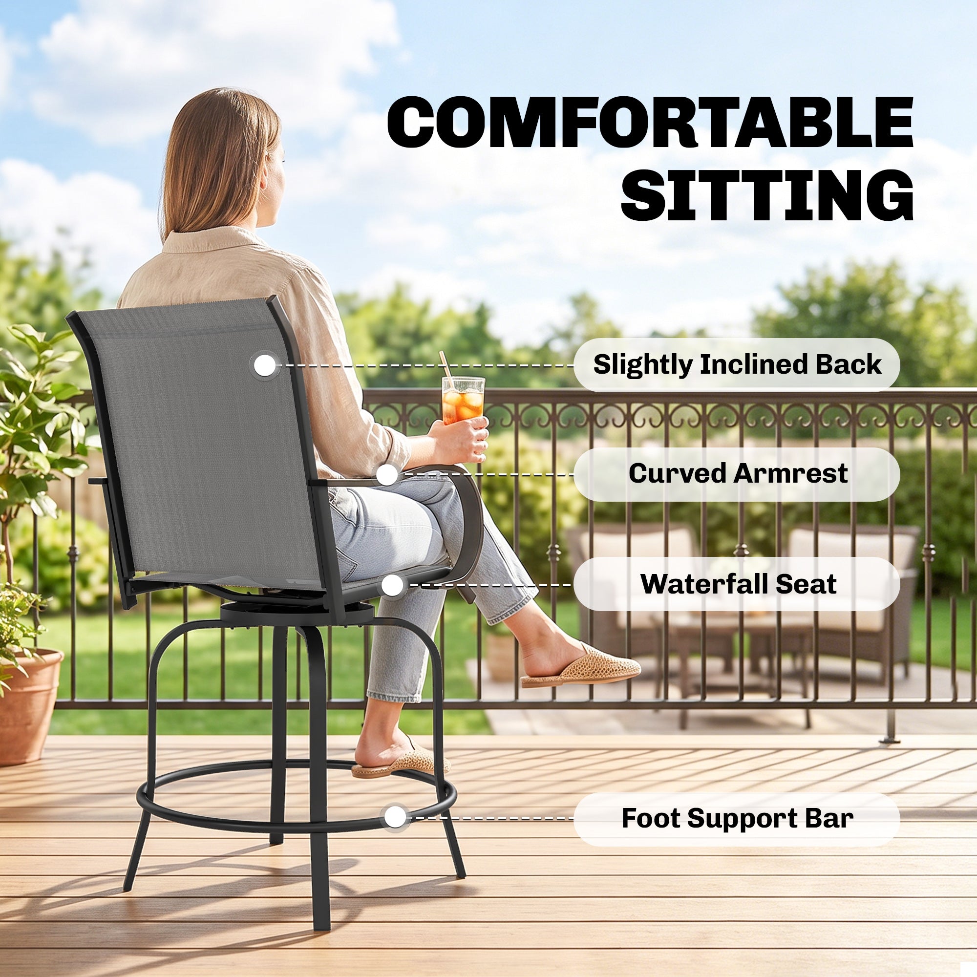 Outdoor Bar Stools Set of 2, 360° Swivel Bar Height Chairs, 26.75" x 29.5" x 48.5"