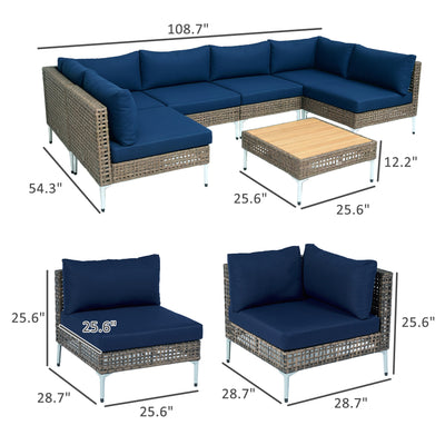 7 Piece Wicker Patio Furniture Set, Modular Outdoor Sectional with Thickened Cushions, Acacia Wood Table