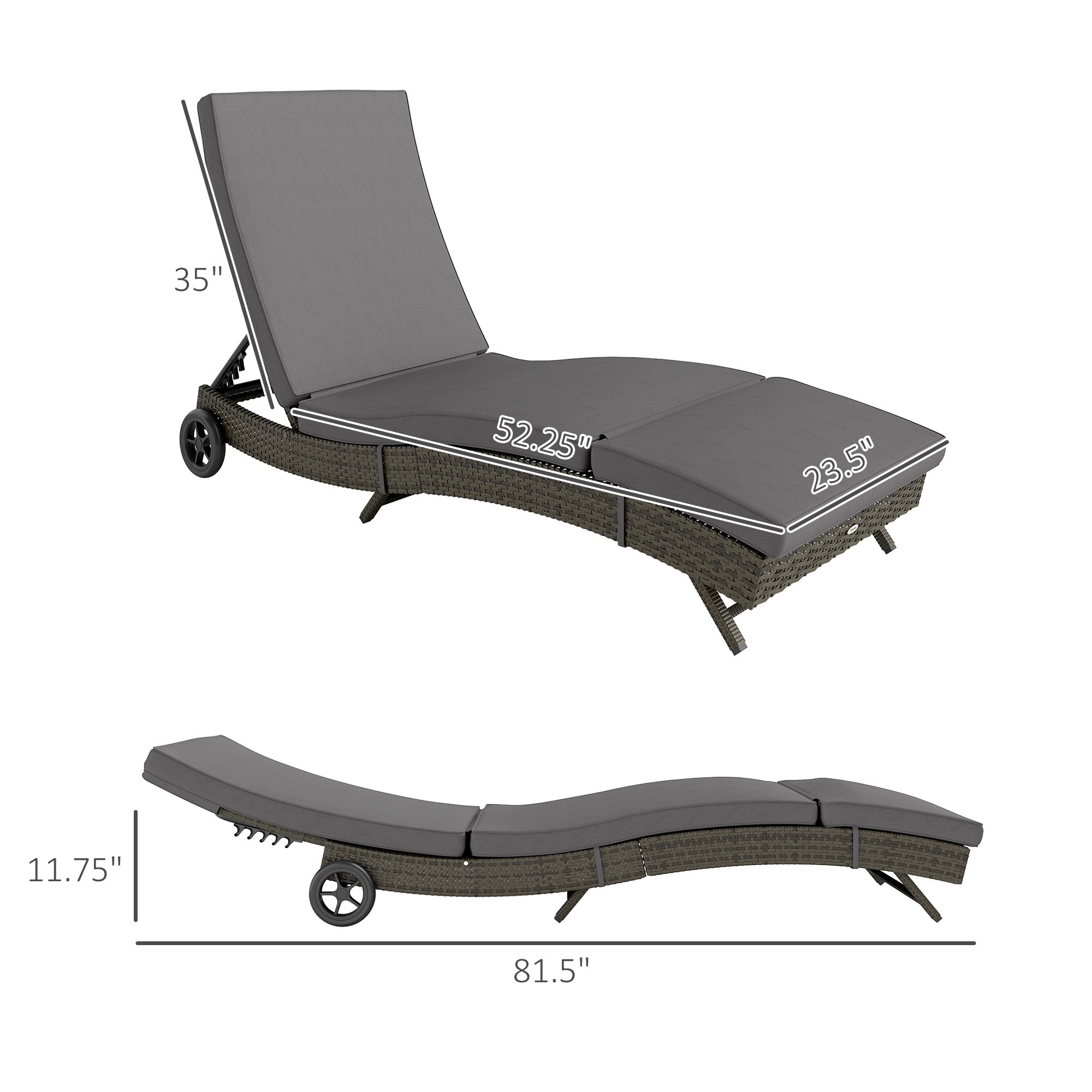 Patio Wicker Chaise Lounge Chair, Outdoor PE Rattan Sun lounger with Adjustable Backrest and 2 Wheels