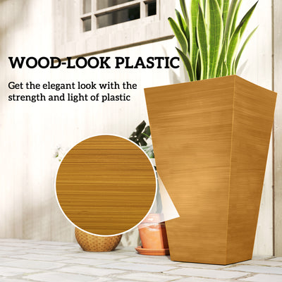 Set of 3 Tall Planters, 28" Outdoor Planter w/ Drainage Holes, Faux Wood Plastic Flower Pots, Light Brown