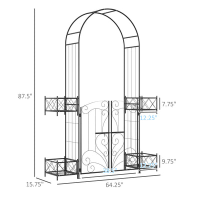 7' Garden Arch Arbor, Metal Arch Trellis with Gate, Garden Archway for Climbing Vines, Wedding Ceremony Decoration, Black
