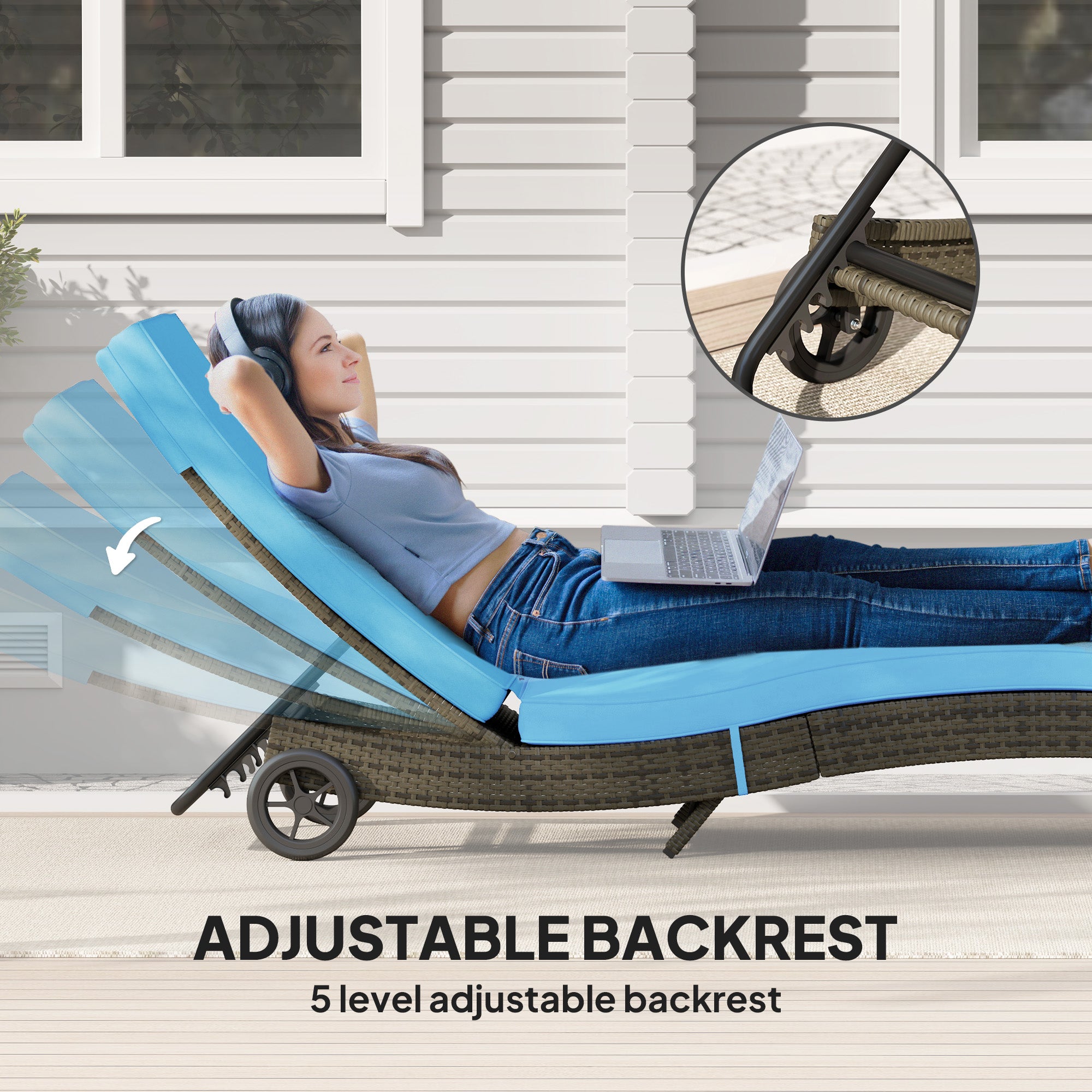 Patio Wicker Chaise Lounge Chair, Outdoor PE Rattan Sun lounger with Adjustable Backrest and 2 Wheels