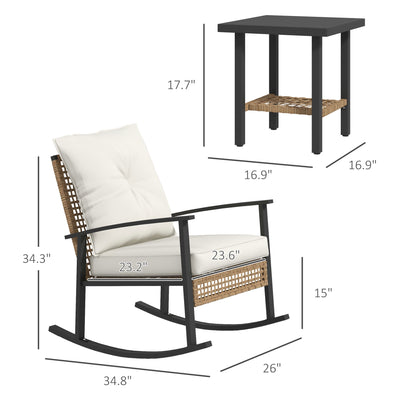3 Pieces Bistro Set, Patio Wicker Furniture Set with Button Tufted Cushions, Rattan Rocking Chairs, Coffee Table