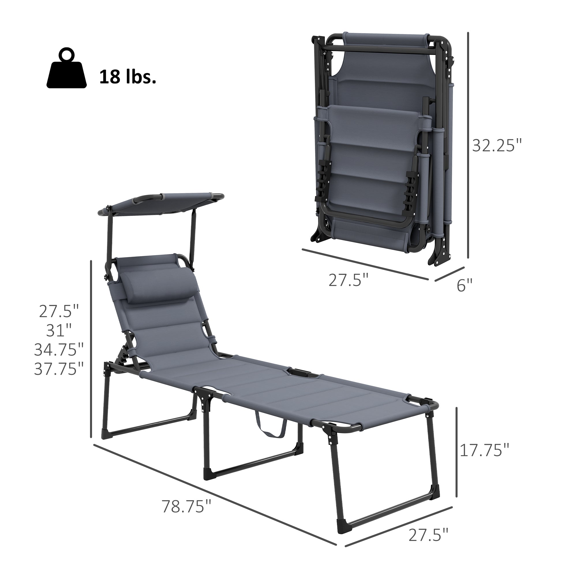 2 Pcs Outdoor Lounge Chair, 4 Position Adjustable Backrest, Folding, Cushioned w/ Sun Shade Roof & Pillow