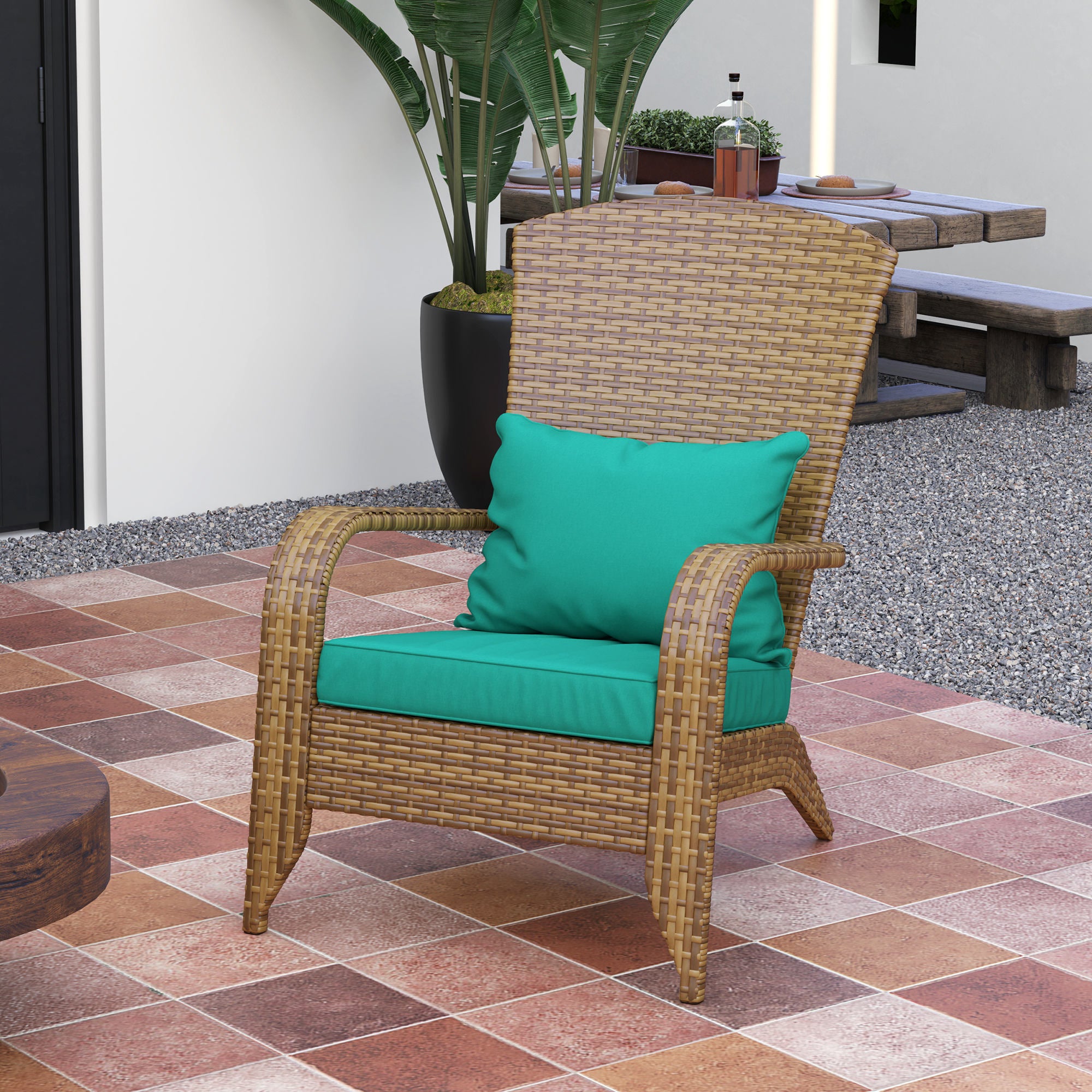 Patio Adirondack Chair with Rattan Wicker, Soft Cushions, Tall Curved Backrest for Deck or Garden