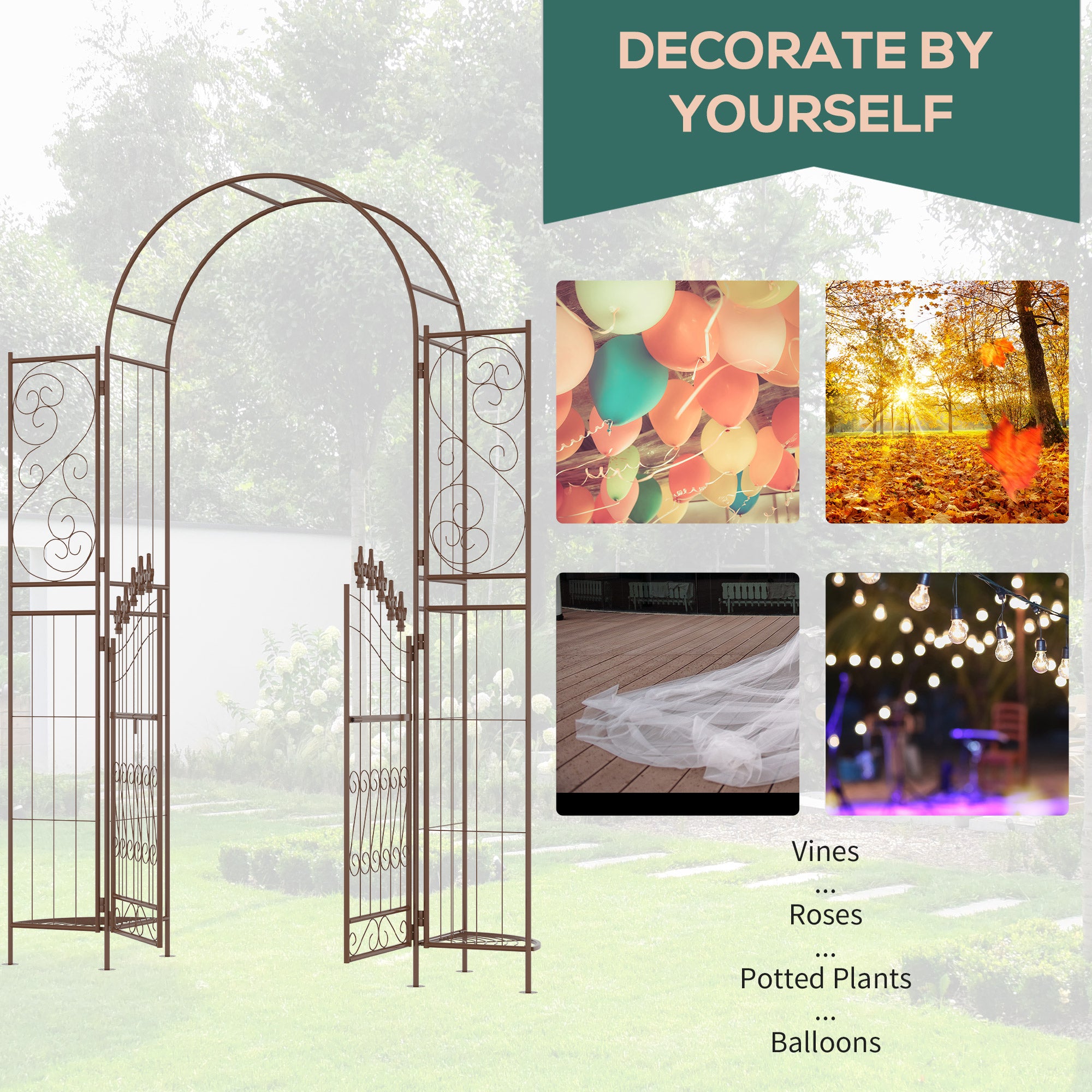7' Metal Garden Arbor, Garden Arch with Gate, Fleur De Lis Motif, Latching Doors, Planter Shelves for Climbing Vines, Ceremony, Weddings, Party, Garden, Backyard, Lawn, Brown