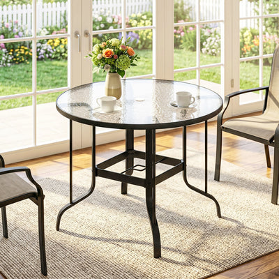 38" Round Patio Table with Umbrella Hole, Tempered Glass Outdoor Dining Table, Black