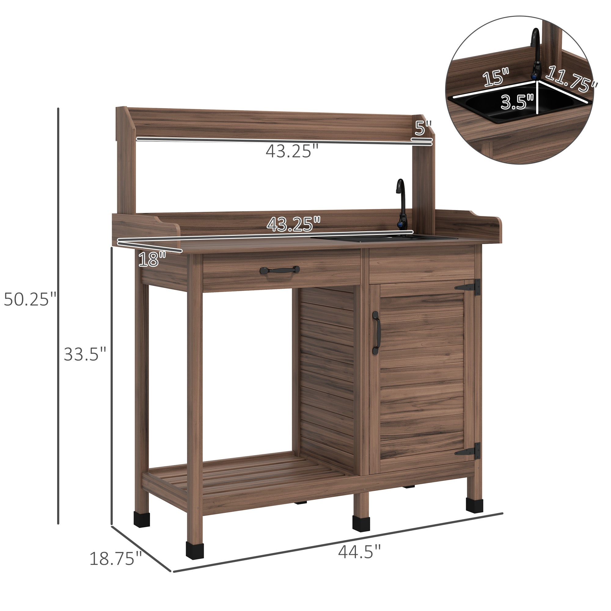 Potting Bench Table with Removable Sink, Outdoor Work Bench Table with Storage Cabinet, Hooks, Faucet and Drawer for Greenhouse, Garden, Patio