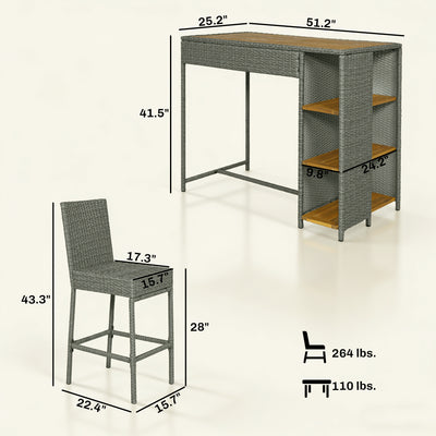 5 Piece Wicker Outdoor Bar Set, Acacia Wood Outdoor High Top Table and Chairs with 3 Tier Shelves, Cushions