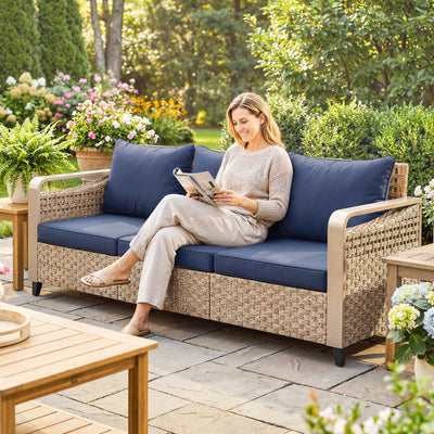 Rattan Wicker Sofa 3-Seater Outdoor Patio Sofa with Cushions for Garden Backyard Porch