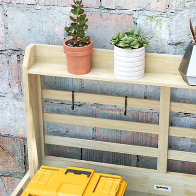 Wooden Potting Bench with Storage, Aluminum Tabletop for Backyard, Patio, Balcony