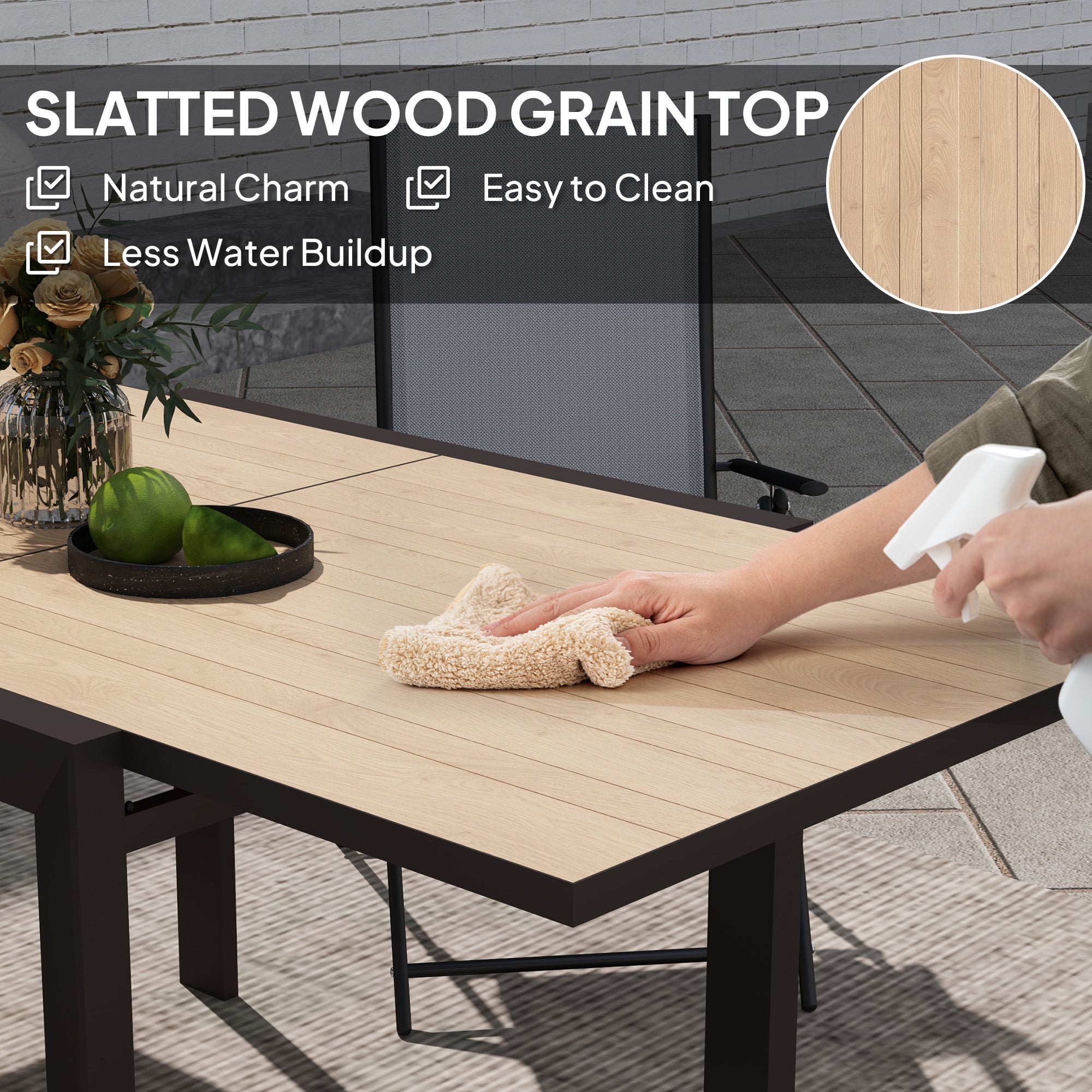 35.5"-71" Expandable Outdoor Dining Table for 4-6 People, Aluminum Patio Table with Slatted Wood Grain Top, Natural